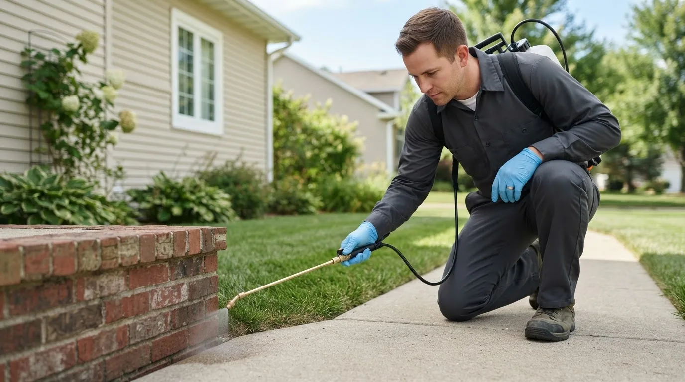 Pest control technician treating a home near Bixby, MO