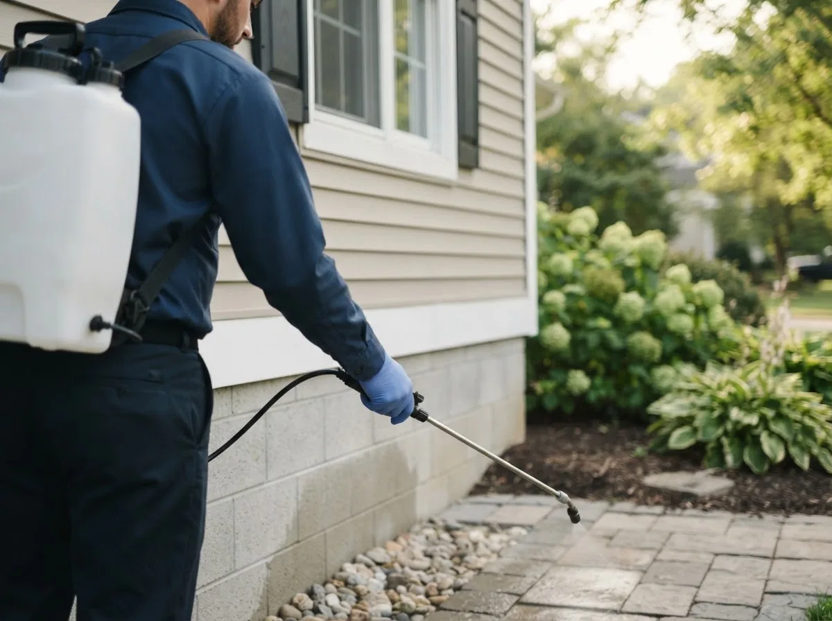 Pest control technician inspecting a home in Bixby, MO
